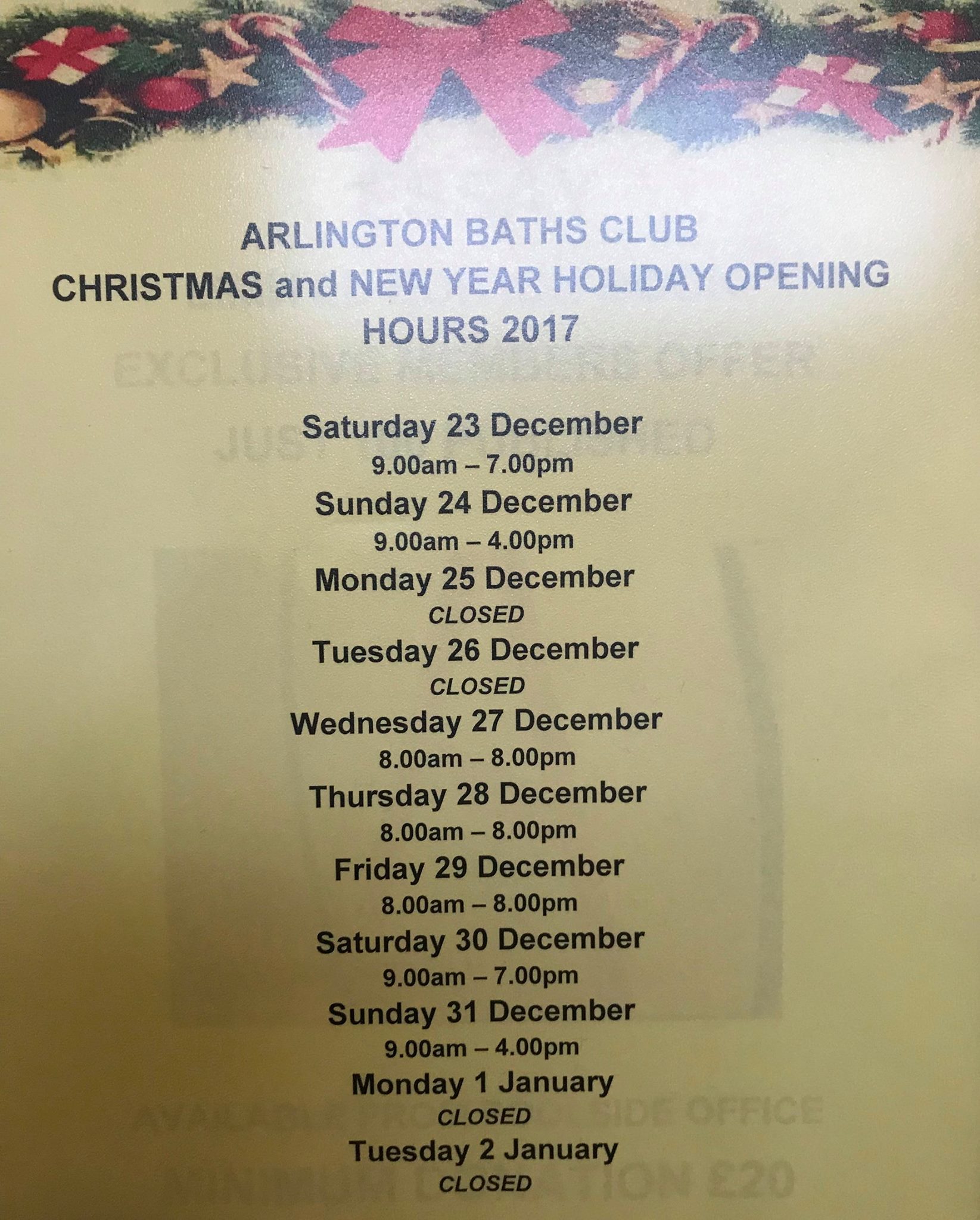 Opening hours from 23 December 2017 to 2 January 2018