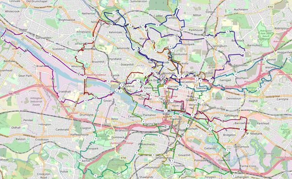map of glasgow showing suggested bike rides