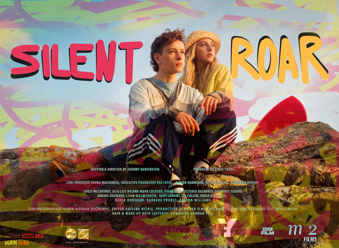 film poster for silent roar depicting 2 young people staring into distance on a Scottish island