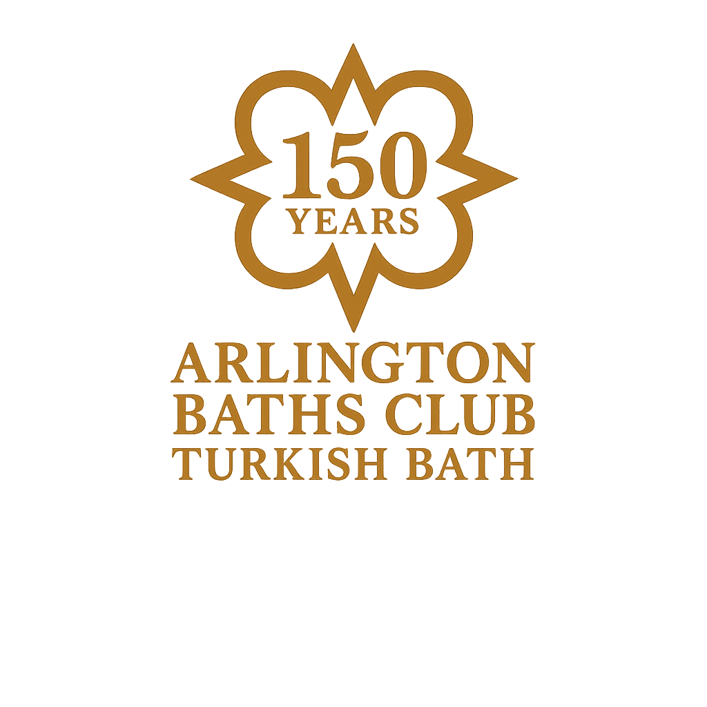 Ornate star with 150 years in the centre. Arlington Baths Club Turkish Bath text below 